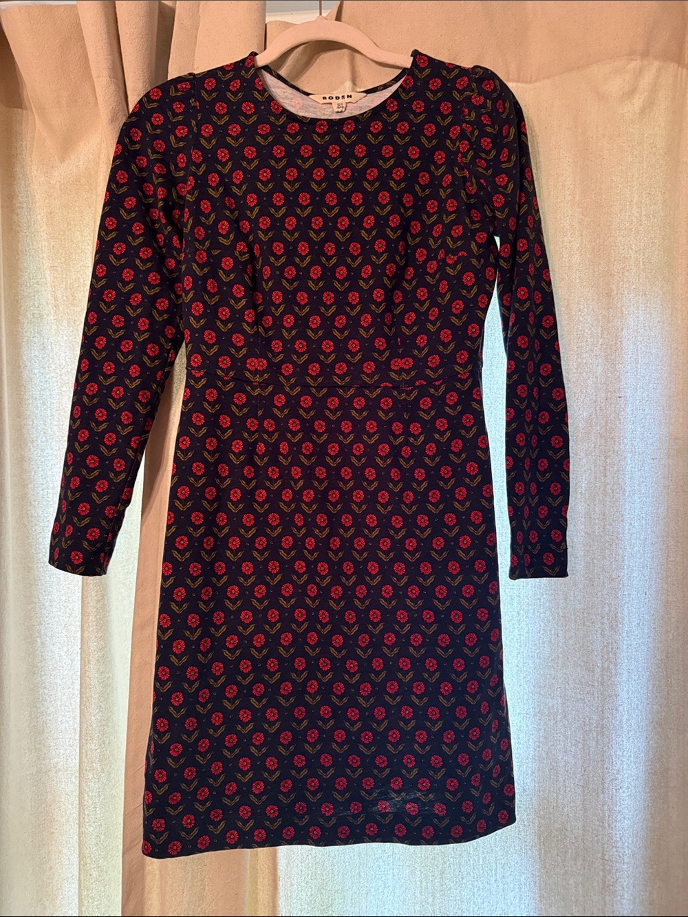 Boden Navy Long Sleeve Floral Shift Dress with Pink Rose Motif